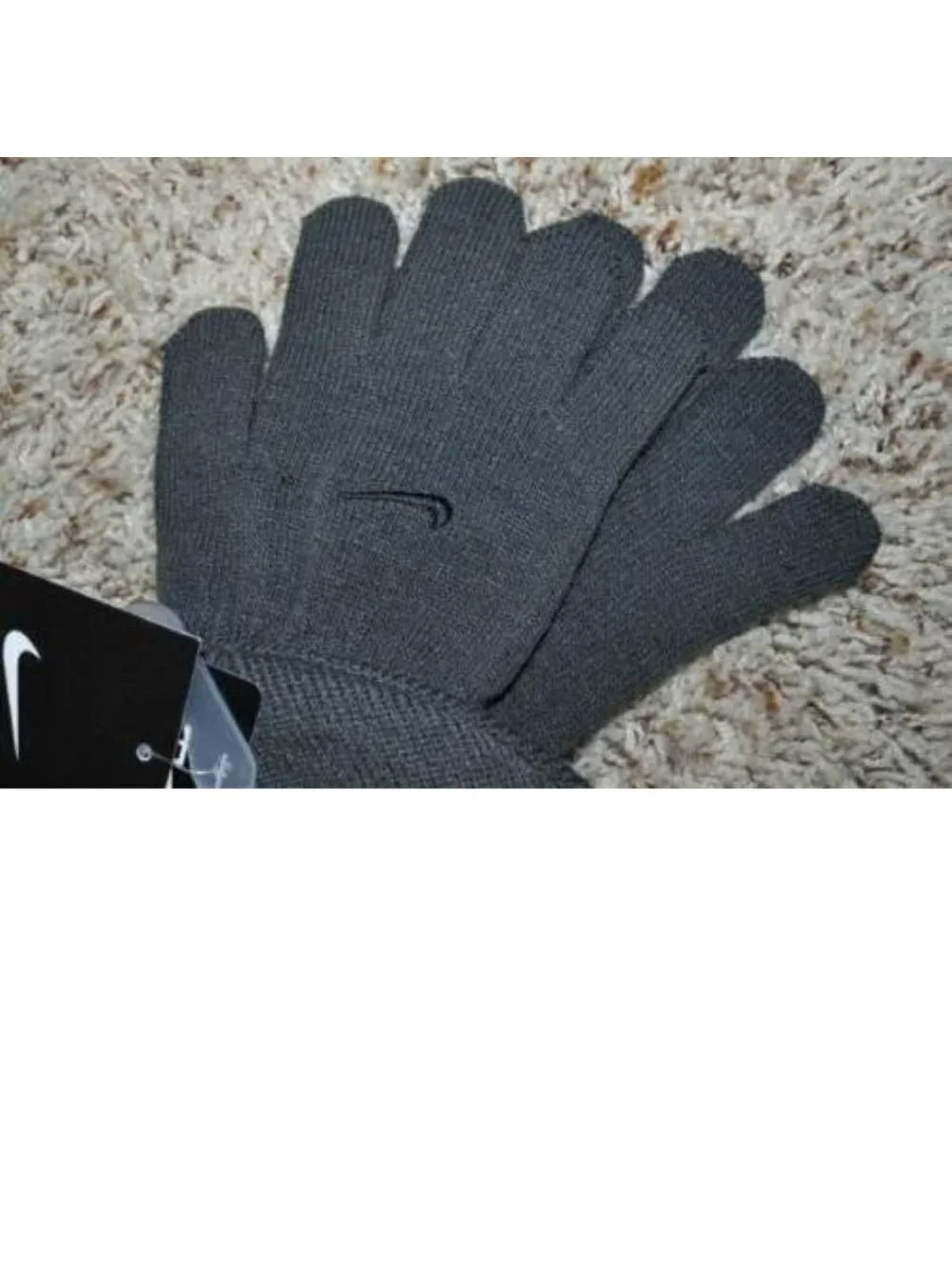 NIKE Hat & Gloves Set 8-20 Kids Swoosh Logo Reversible Black Gray Beanie Winter